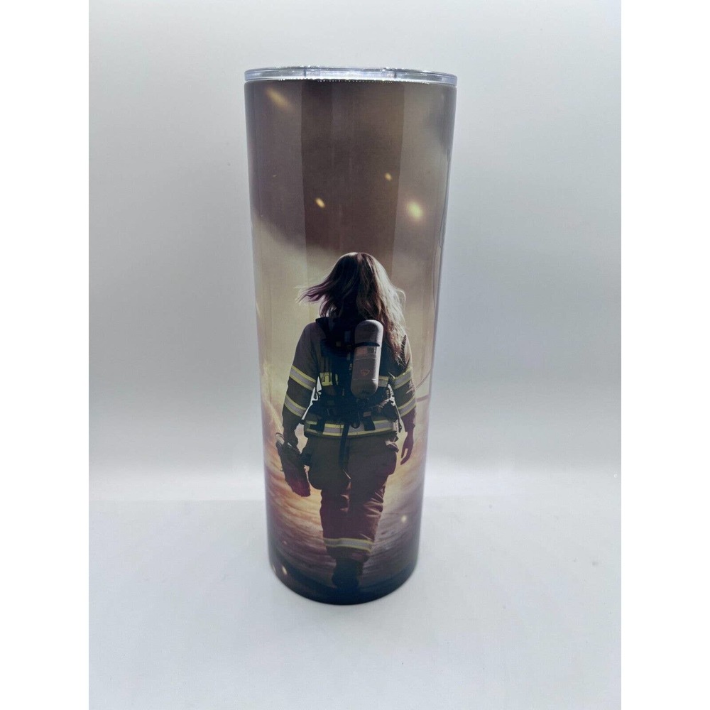 Lady Woman Firefighter 20 oz Skinny Tumbler Custom Made, New with Straw and Lid